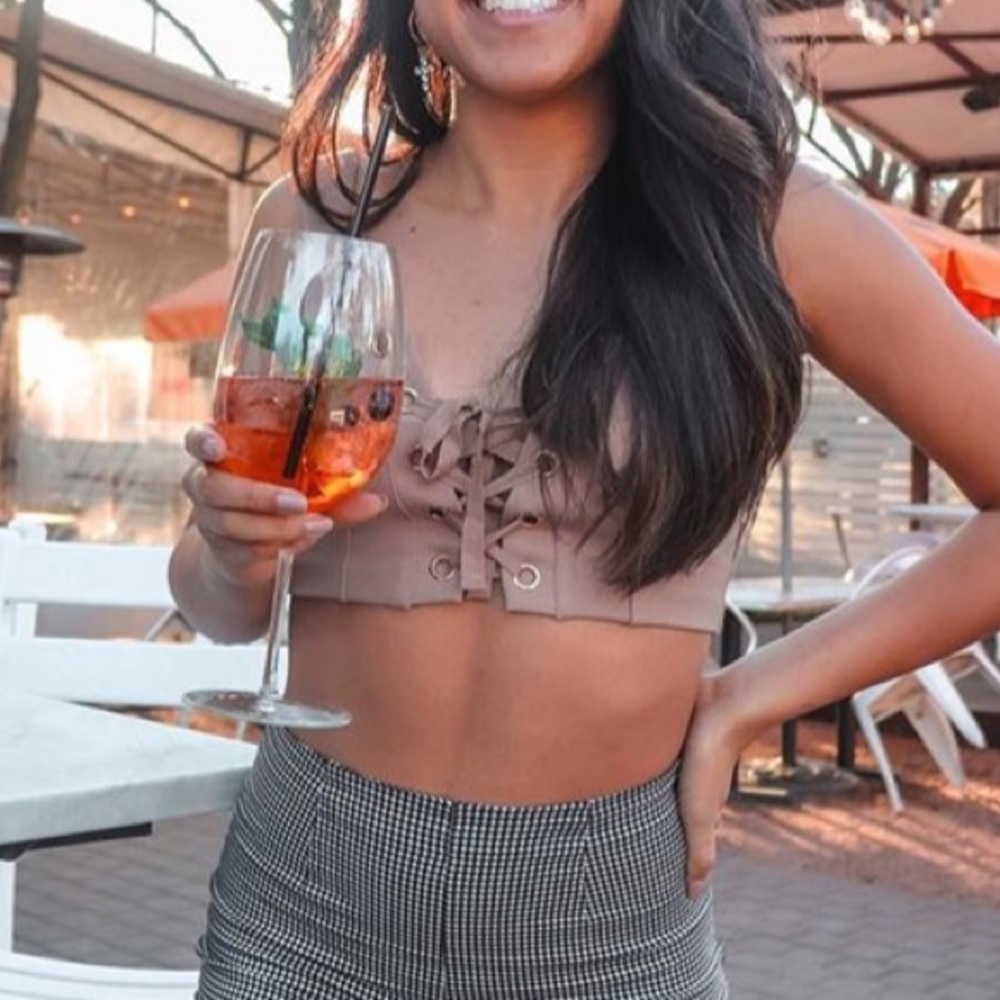 Tan, tie up crop top w/ gold details